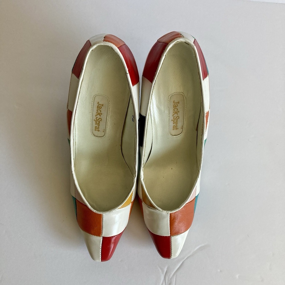 Vtg Jack Sprat Rainbow Harlequin Mod Patchwork Pumps Leather Size 6B Colorblock - Picture 5 of 16